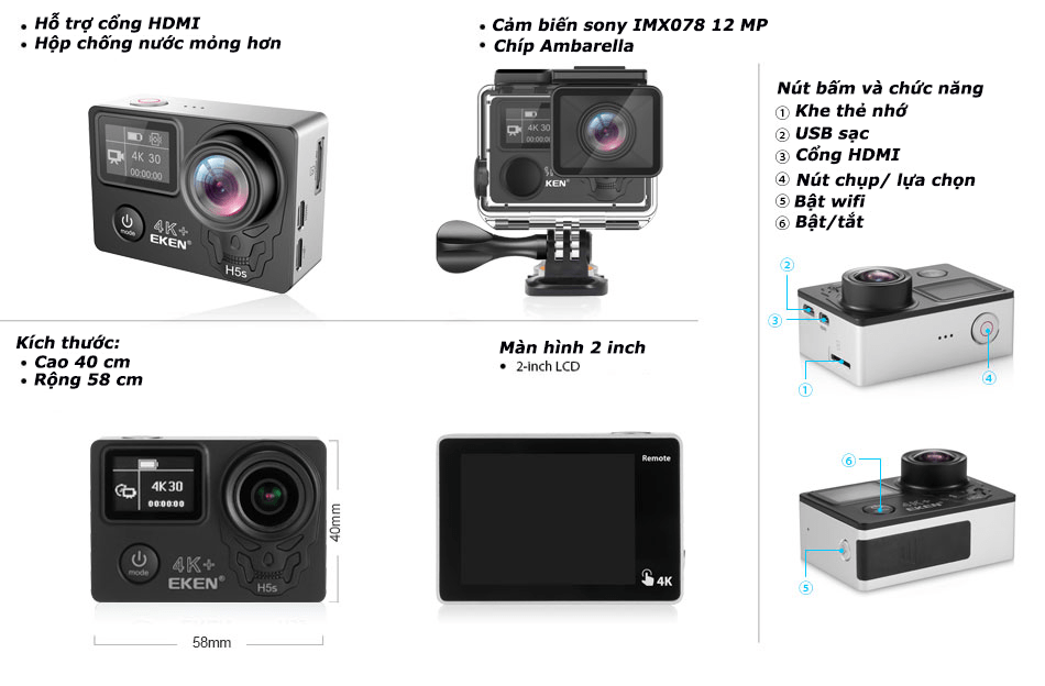eken h5s plus, màn hình cảm ứng 2 inch