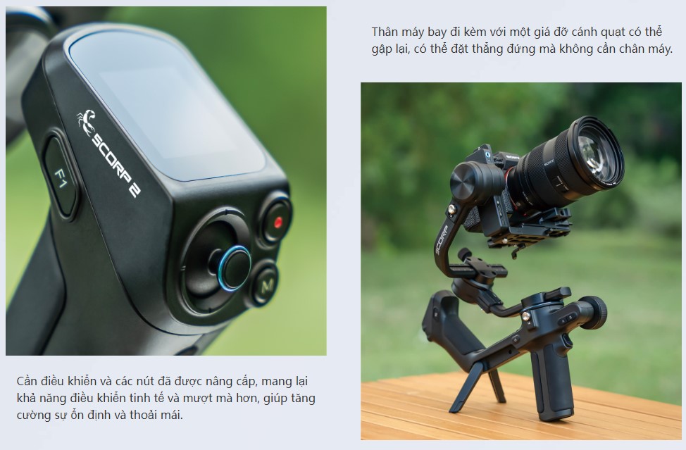 Gimbal có thể kết nối với máy ảnh thông qua cáp điều khiển hoặc không dây qua Bluetooth Gimbal có thể kết nối với máy ảnh thông qua cáp điều khiển hoặc không dây qua Bluetooth